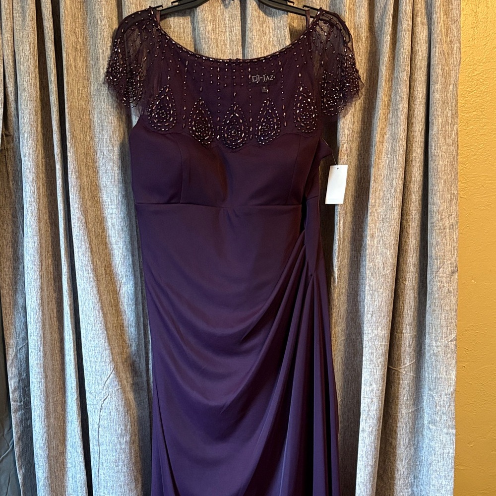 Purple Beaded Cap-Sleeve Evening Dress